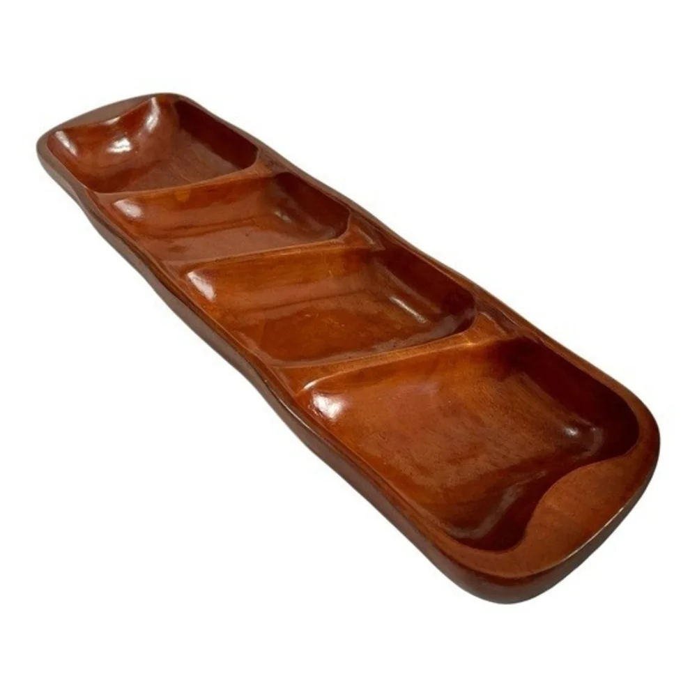 Vintage Hand Carved Mahogany Wood 4 Compartment Serving Tray 19.5